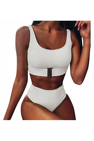 SNM Costum de baie dama, SNM, bikini doua piese, talie inalta, crem, 40-42 EU