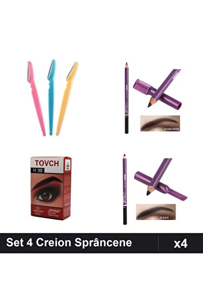 Makeup Set 4 Creion Sprâncene + Vopsea, Nuante Maro Gri, Lame Par Facial, Mac...