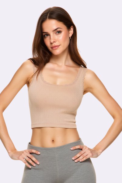 Pearlune Women's 3-Piece Lace Detailed Ribbed Crop Top Undershirt - 92% Cotton Soft Textured Fabric