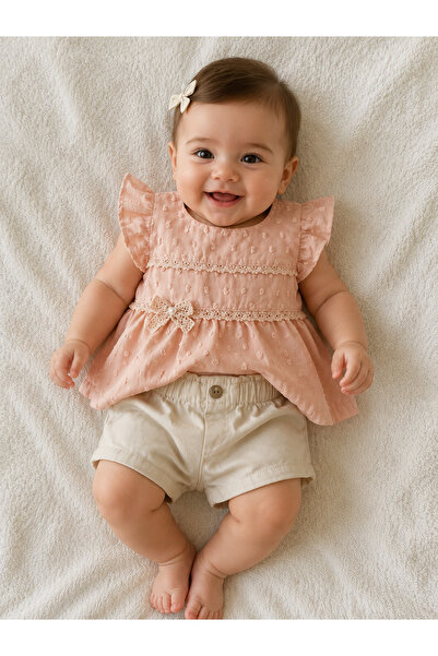 MİNİKİNCİBABY طقم شورت للفتيات الصغيرات مزين بفيونكة وتفاصيل دانتيل