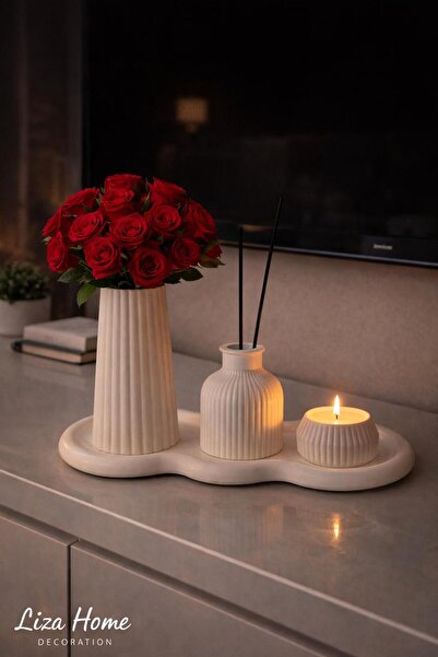 LİZA HOME DECORATION 3-Piece Decorative Vase Set with Tray, Modern Minimal Ca...