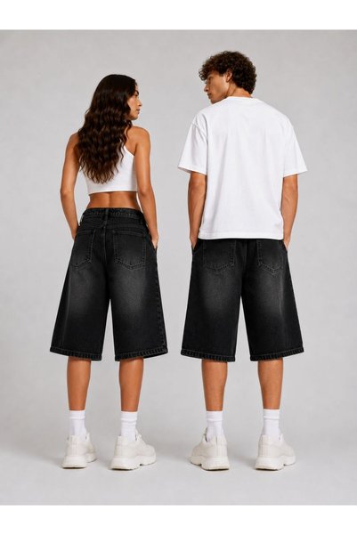 St.Poll Vintage Black Washed Unisex Baggy Denim Shorts