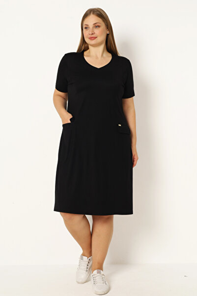 İntensive Women's Plus Size Black Short Sleeve Dress with Pocket Detail