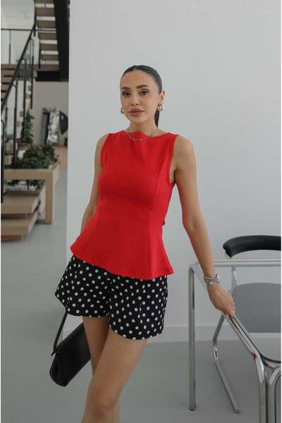Havoş Kırmızı Kayık Yaka Peplum Bluz