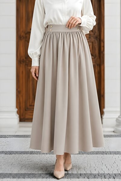 İmajButik Beige Pocketed Dabıl Flared Skirt