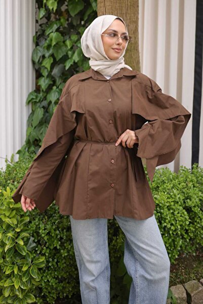 İmajButik Brown Sleeves, Cape, and Waist Tie Shirt