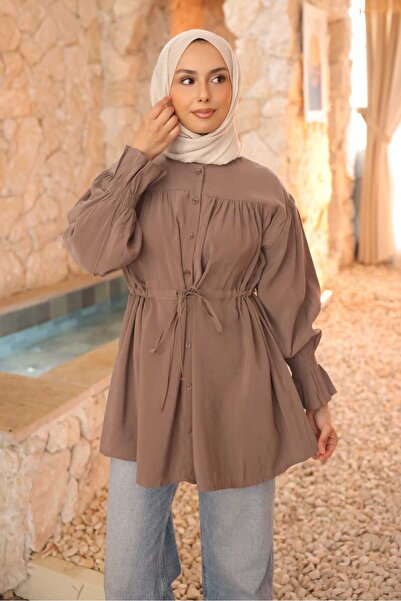 İmajButik Modal Woven Shirt with Mink Buttons, Elastic Sleeves, and Waist Tie
