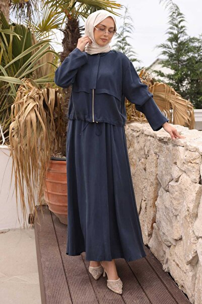 İmajButik Navy Blue Zippered Jacket and Skirt Set with Elastic Stoppers