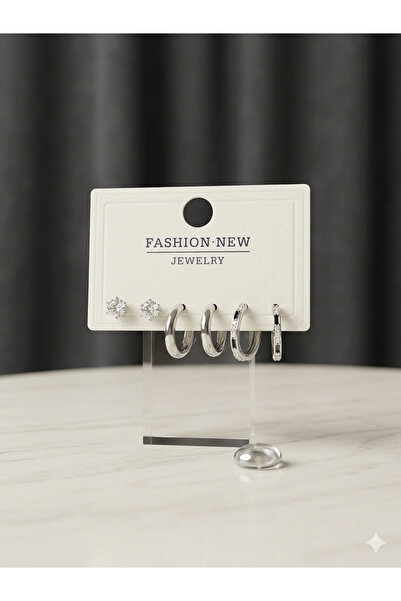 Zihintaşı Atölyesi 3 Pairs of Steel Earrings Set with Non-Tarnish Zircon Stones