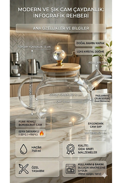 RİVO HOME DECOR إبريق زجاجي مقاوم للحرارة لتخمير الأعشاب والشاي مع غطاء من ال...