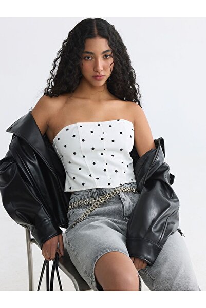 LC Waikiki Xside Strapless Collar Polka Dot Crop Jean Blouse