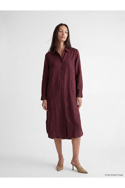 LC Waikiki Bordo Oversize %100 Keten Kadın Gömlek Tunik
