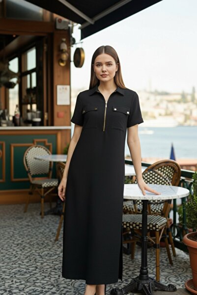 Mossta Polo Collar Zipper Detailed Long Viscose Two-Thread Dress - Black