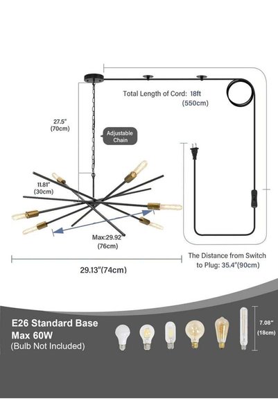 LOOPITYS Modern Plug in Chandelier Mid-century Black and Brass 6-Light Hanging Ceiling Light Fixture