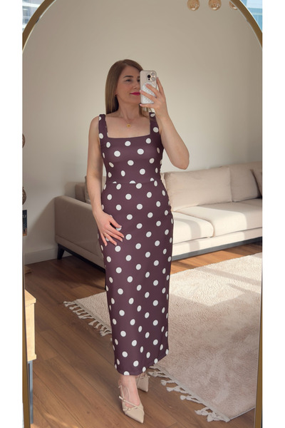 PARLAFASHION Kahverengi Beyaz Puantiye Kalem Elbise
