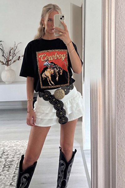 The Champ Clothing Tricou oversize pentru femei, negru, cu imprimeu Western R...