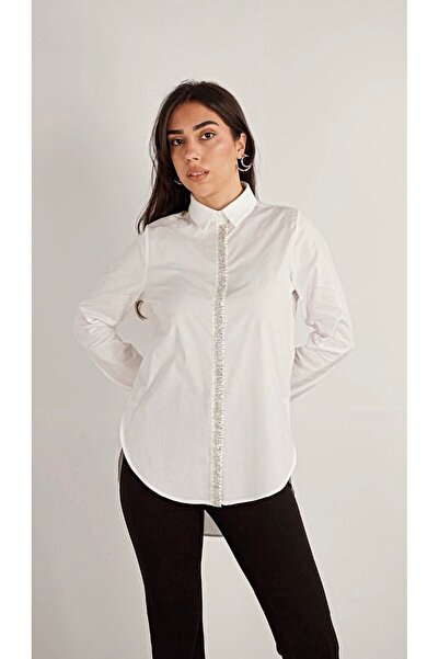 MeAndMe Fashion PARLAK TAŞ ŞERİTLİ ŞIK BEYAZ POPLİN KADIN GÖMLEĞİ