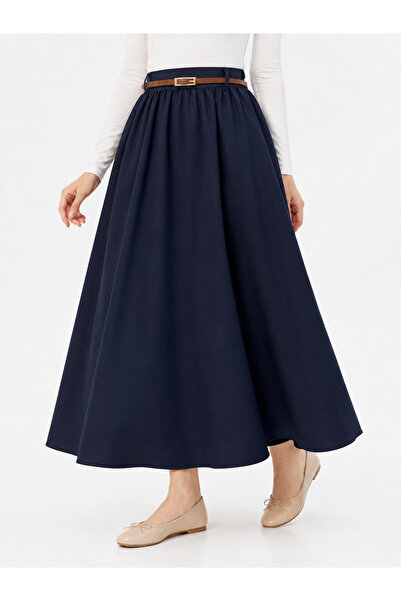 Naknaku Drawstring Belt Detail Soft Skirt-Navy Blue