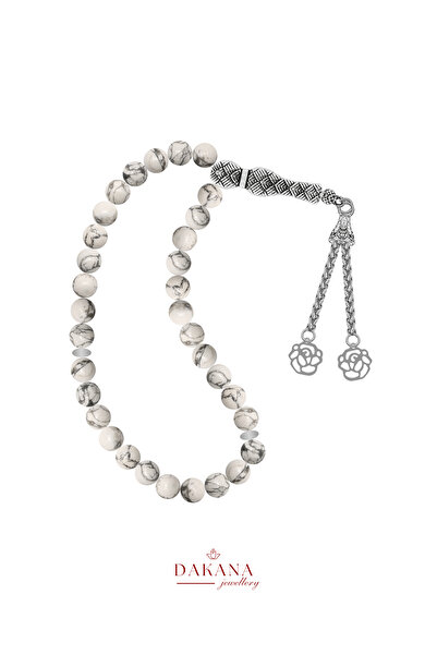 DAKANA JEWELLERY Certified 8 mm Howlite Stone Lotus Flower Steel Tassel Natur...