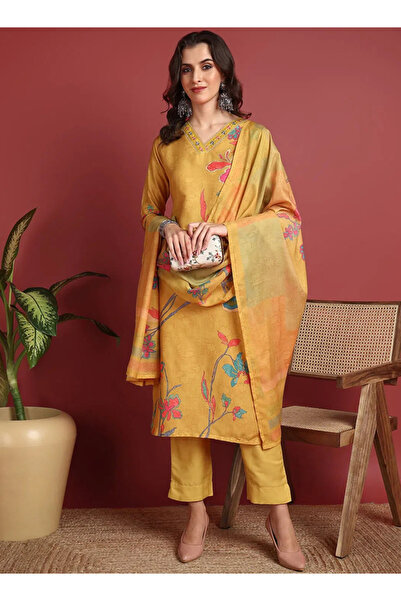 DESIQLO By Styli Yellow Floral Print Kurta with Salwar and Dupatta Set