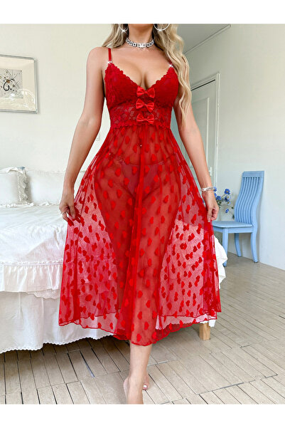 Take Two By Styli Red Heart Flock Mesh Babydoll