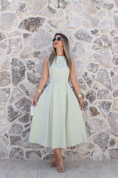 bytugcekaya Rochie evazată verde acvatic cu guler halter și curea