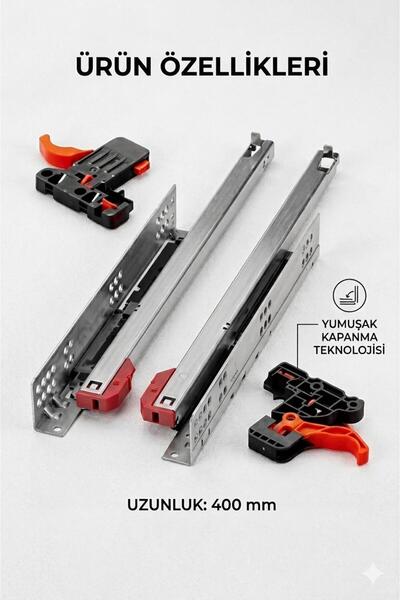 SAMET 400 mm Mandallı Çekmece Rayı Takımı - Frenli Sessiz Kapanma Gizli Ray S...
