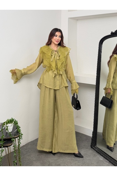 Hatun Atila Set cămașă subțire din modal cu guler cu dantelă și volane și pan...