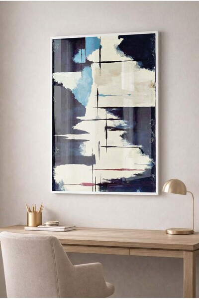 Zevahir Mobilya Dekorasyon Navy Blue, Cream, and Blue Tones Abstract Glass Pa...