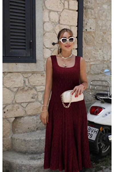 QİMYA BUTİK Buketli̇ Women's Square Collar Sleeveless Lined Long Lace Dress