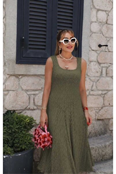 QİMYA BUTİK Buketli̇ Women's Square Collar Sleeveless Lined Long Lace Dress