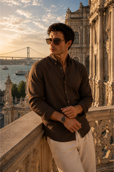 ixir Men's Button-Down Collar Linen Shirt Regular Fit Comfortable Cut Summer ...