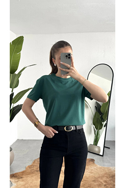 asfamoda Women's Dark Green Crew Neck Short Sleeve Full Lycra Flexible Blouse...