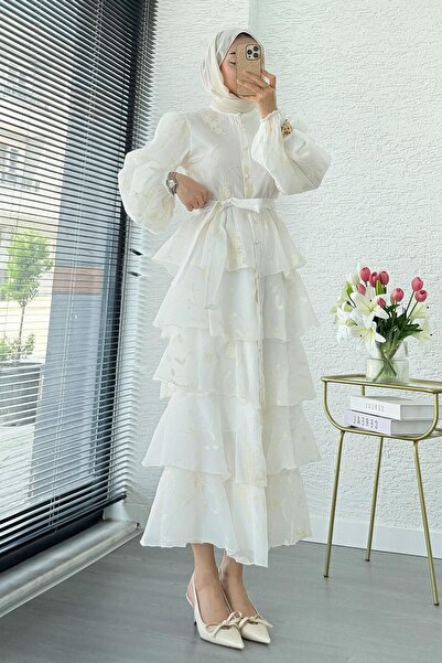 MELEK ARAZ Premium Design Layered Imported Tulle Dress – White