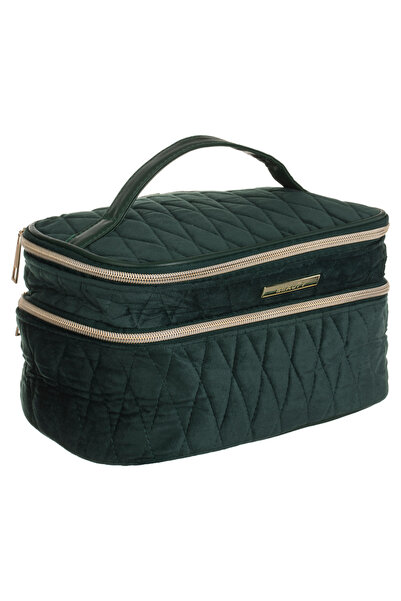 Zumzeria Geantă cosmetică dublă din catifea verde cu mâner 25x15.5x14cm