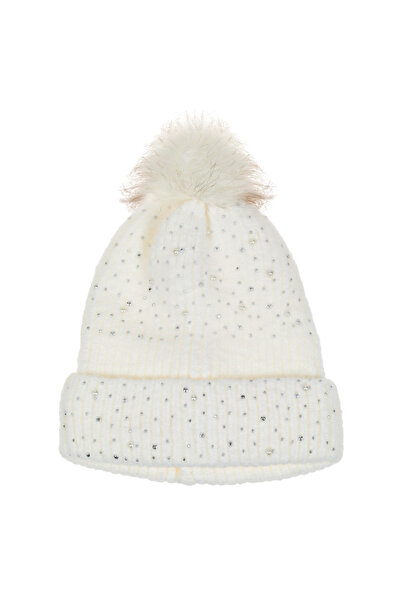 OEM Căciulă tricotată Off White cu strasuri, mărgele și pompon pentru femei