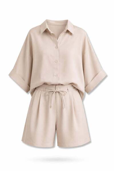 5in1Canpolat Beige Shirt Shorts Set
