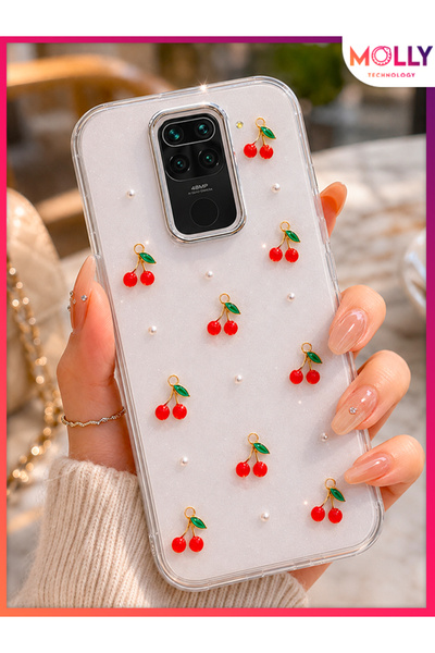 Molly REDMİ NOTE 9 İçin Cherry Pearl Luxe Şeffaf Işıltılı Kiraz Desenli Premi...
