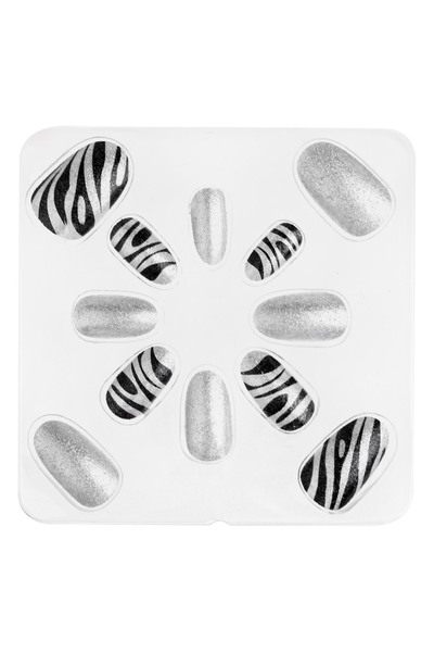Zumzeria Zebra Almond Glitter Silver Adhesive False Nails Set - 12pcs