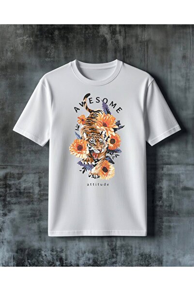 COMVİCHO Awesome Attitude Kaplan Cicek Printed Oversize T-Shirt