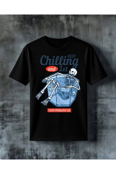COMVİCHO تي شيرت كبير الحجم مطبوع عليه Keep Chilling Skeleton