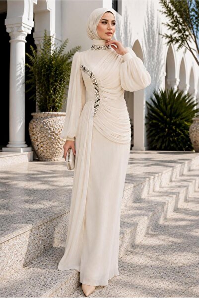TRENDTESETTÜR KADIN KREM DRAPE DETAYLI ABİYE ELBİSE T 9663