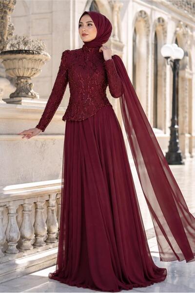TRENDTESETTÜR KADIN BORDO PELERİNLİ ABİYE ELBİSE T 0763