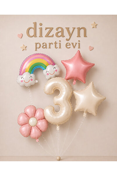 Dizayn Parti Evi Pastel Tonlu Krem Rakam Folyo Balon Seti 1 2 3 4 Yaş Doğum G...