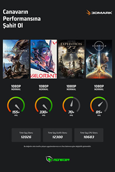 MONSTER Tulpar T7 V26.4.4 Intel Core Ultra 9 185H 16 GB RAM 1 TB SSD 8 GB RTX 5060 FreeDOS 17,3" FHD 144 Hz