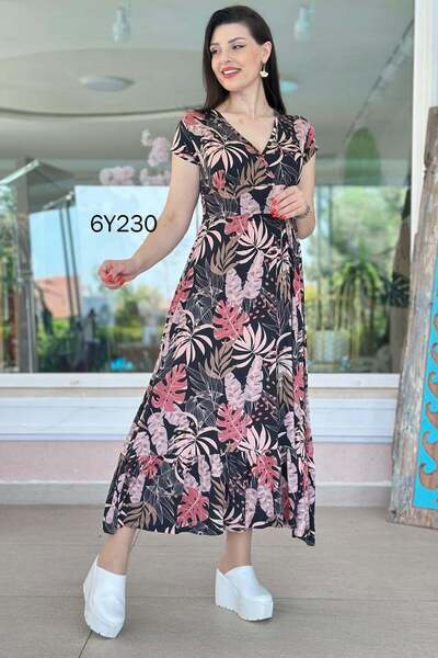İnce Topuk Double-Breasted Collar Skirt Pleated Viscose Dress 6Y230