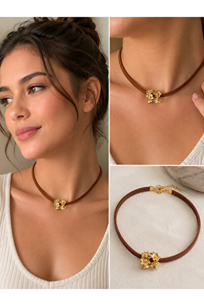 Kutcha Accessories Kahverengi Deri Kordon Çift Çiçek Detaylı Gold Kaplama Cho...
