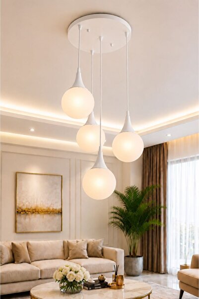 VENON Elora 3 + 1 Yuvarlak Sarkıt Avize ✨BEYAZ ✨ BEYAZ GLOP CAMLI ✨ Salon Avi...