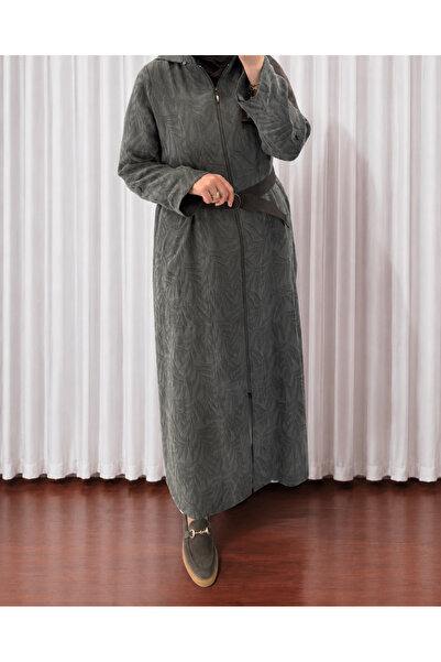 Nurcan Çetin 26903 Self-Leaf Patterned Detachable Hooded Front Zipper Robe