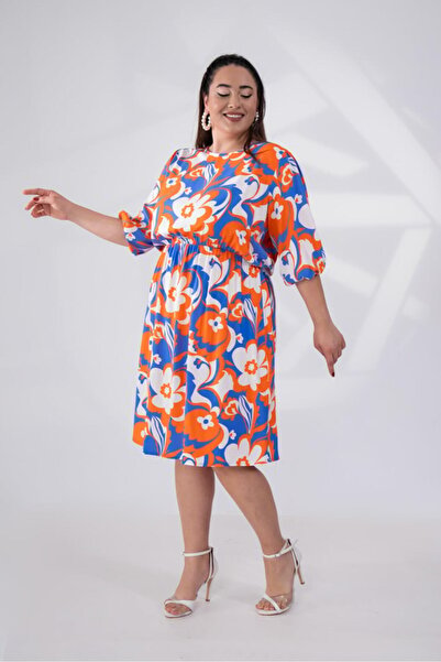 Roxxlen Women's Plus Size Dress with Elastic Waist and Sleeves